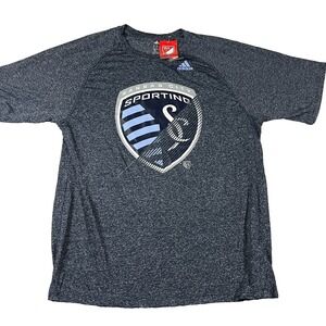 Adidas Mens Large Heather Blue Sporting Kansas City MLS Climalite T-Shirt NWT